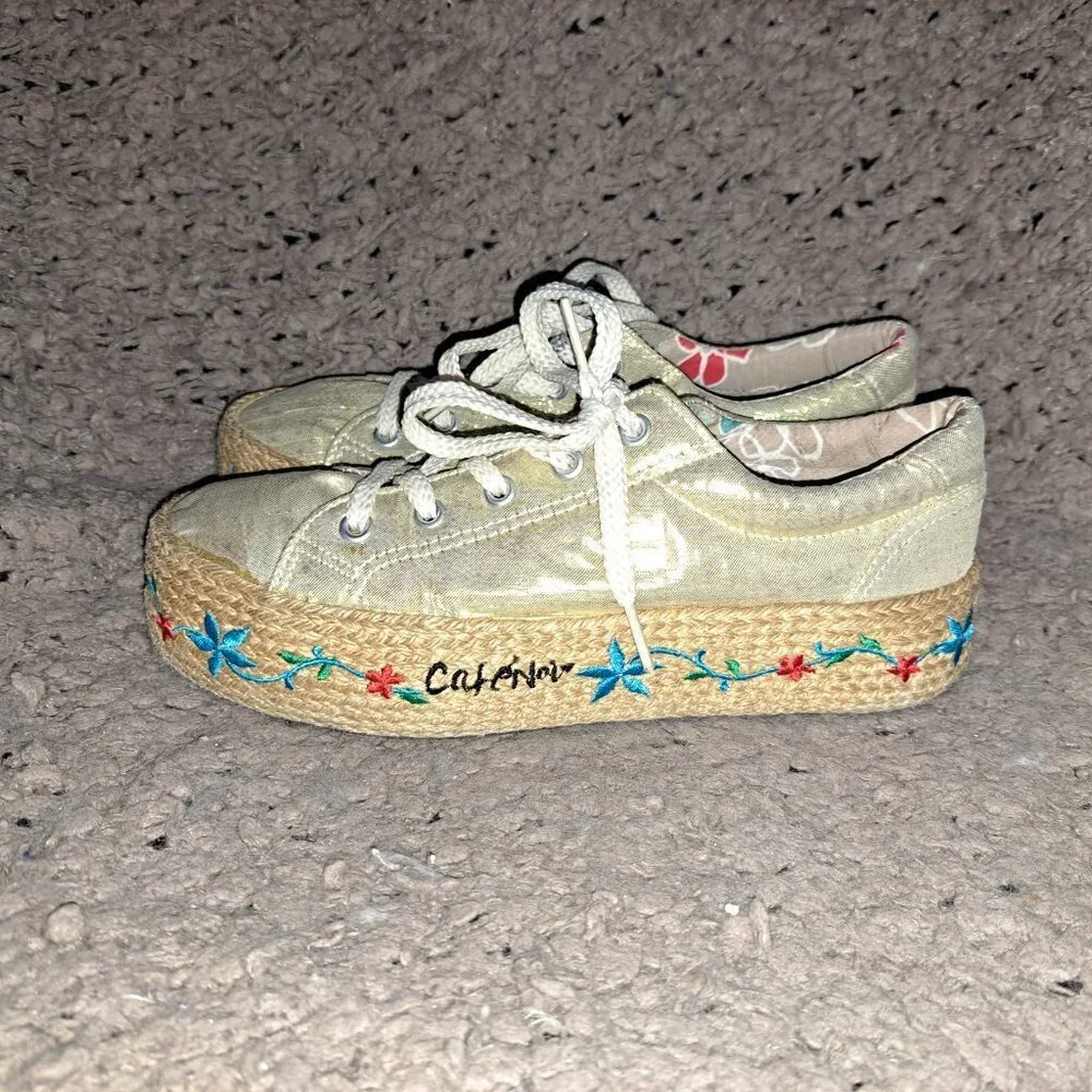 CAFE NOIR-Metallic Gold Fabric-Embroidered Espadrille Sneakers-Sz 37-Excellent